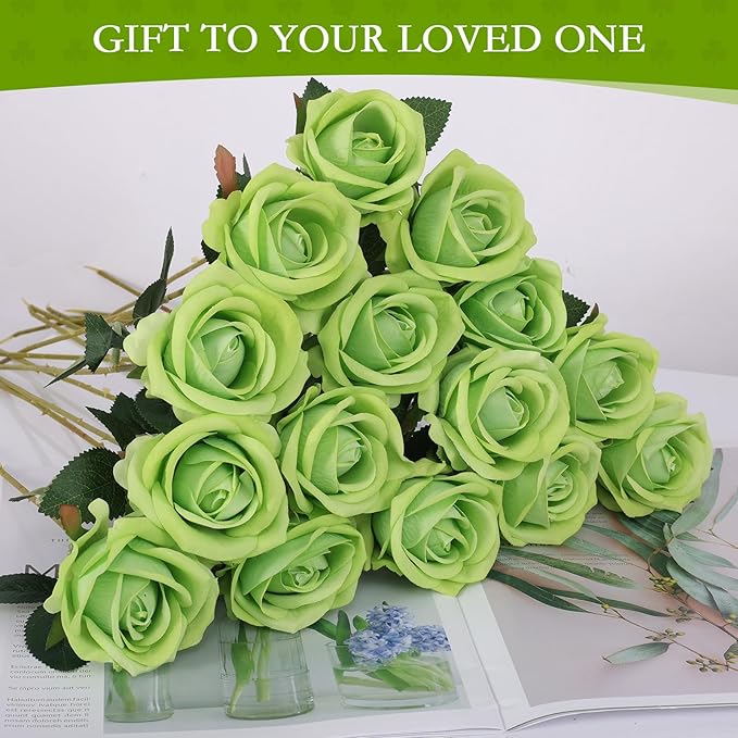 Hananona Artificial Roses in Bulk, Fake Silk Roses Realistic Green Roses for Wedding Centerpieces Flower Arrangement St Patricks Day Home Decor (50, Light Green)