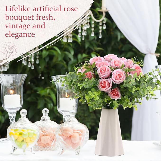 Zeyune 8 Pack 12 Inch Valentines Artificial Rose Bouquet Silk Roses Flowers Bunches Bulk Fake Roses for Wedding Bridal Home Office Garden Parties Decoration(Light Pink)