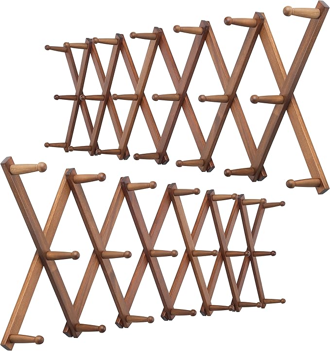 WEBI Accordion Wall Hanger,Expandable Wooden Coat Rack,Accordion Hat Rack for Wall,Accordion Hook Rack for Hats,Caps,20 Peg Hooks,Brown,2 Packs