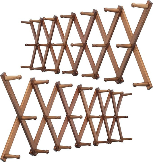 WEBI Accordion Wall Hanger,Expandable Wooden Coat Rack,Accordion Hat Rack for Wall,Accordion Hook Rack for Hats,Caps,20 Peg Hooks,Brown,2 Packs