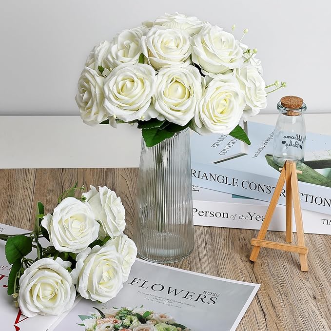 Artificial Roses Bouquets - 8 Bundles Fake Silk Flowers Realistic Faux Florals Bulk for Wedding Bridal Party Baby Shower Event Home Arrangements Centerpieces Decorations (White)
