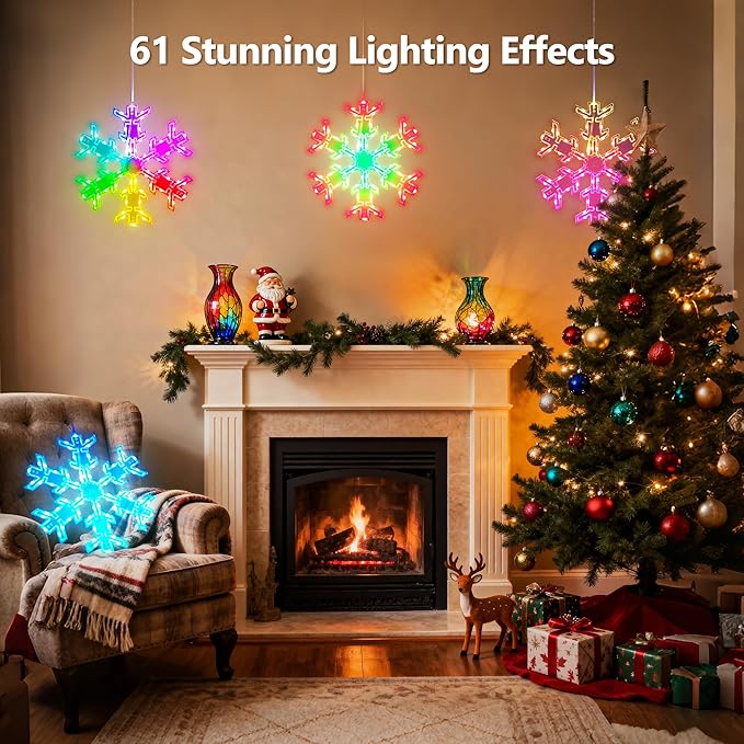 BrizLabs 2 Pack Christmas Window Lights with Remote, 61 Modes, Warm & Cool White & RGB Color Changing 12" Foldable Snowflake Hanging Christmas Lights for Xmas Indoor Outdoor Wall Door Fireplace Decor