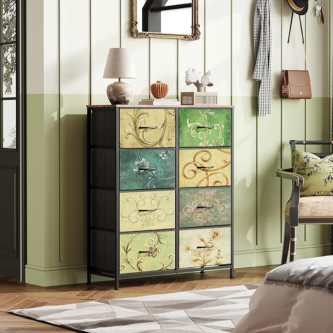 WLIVE Tall Fabric Dresser with 8 Drawers, Storage Tower with Fabric Bins, Double Dresser, Chest of Drawers for Closet, Bedroom, Living Room, Hallway, Dorm, Floral Painted
