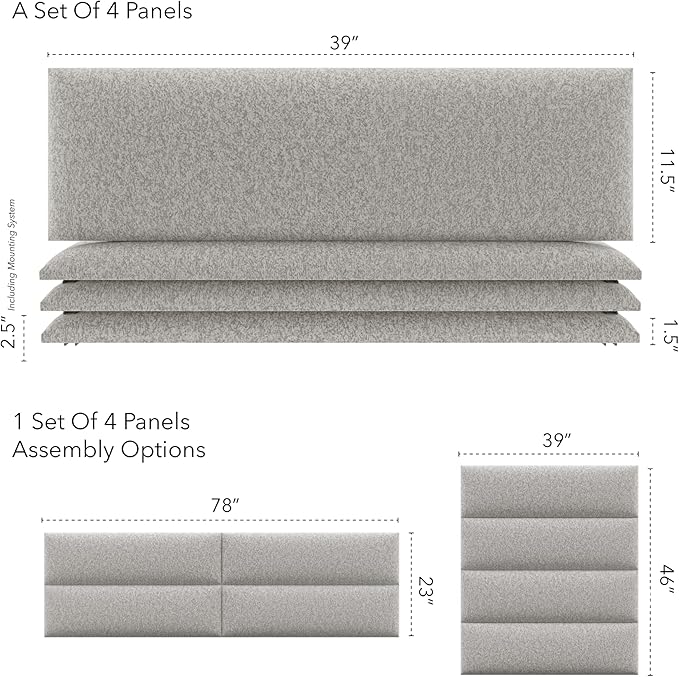 Vänt Upholstered Wall Panels - King/Cal King Size Wall Mounted Headboards - Faux Merino Wool Grey - Twin/King - Set of 4 Panels (Each Individual Panel 39"x11.5")
