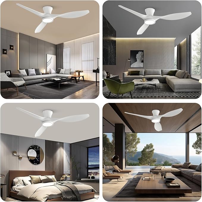 TALOYA 52 inch Ceiling Fans with Lights Remote Control, Modern Low Profile Ceiling Fan with Quiet Reversible DC Motor for Bedroom Living Room and Patio White