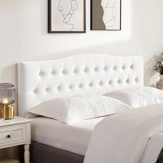 Tufted Upholstered Headboard California King, Sturdy and Durable Solid Wood Bed headboard, Fabric Headboard Adjustable Height from 37” to 51”, Button Diamond Design Head Board, White