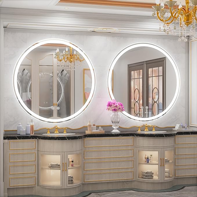 40 Inch Large Round Lighted Bathroom Mirror, Circle Vanity Mirror with Lights, Wall Mounted, Dimmable, Memory, Anti-Fog, 6000K
