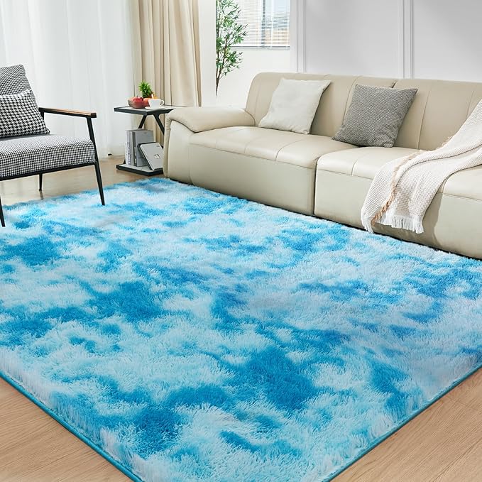 Ultra Soft Rug for Living Room, 6X9 Fluffy Shag Area Rug for Bedroom, Modern Shaggy Carpet Fuzzy Rug for Teens Dorm Nursery Home Decor Aesthetic, Upgrade Anti-Skid Durable, Tie-Dyed Blue