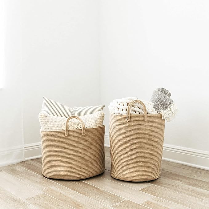 OrganiHaus Large Laundry Basket, Woven Cotton Rope Basket for Blankets, Toy Storage, Nursery Hamper, Living Room Decor Organizer, Soft & Durable Hamper with Handles, 20x13 inches - Honey
