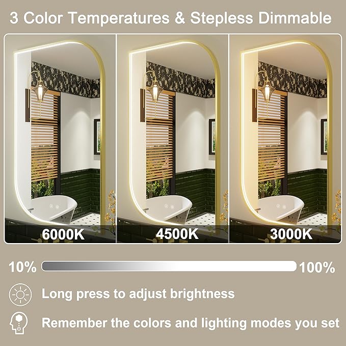 22x32 Inch LED Bathroom Mirror with Lights, Adjustable 3000K/4500K/6000K, Irregular Gold Frame Lighted Bathroom Vanity Mirror, Anti-Fog, Stepless Dimmable, Wall Mounted