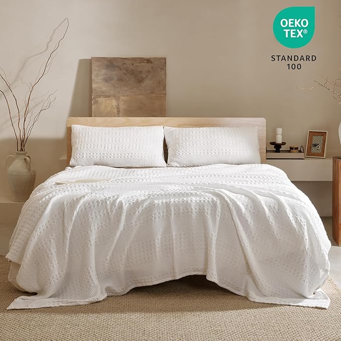 PHF 100% Cotton Waffle Weave Blanket King Size for Bed, Soft Lightweight & Breathable, All-Season Comfort, Luxury Aesthetic Woven Bedding for Home Decor, 108"x90", White