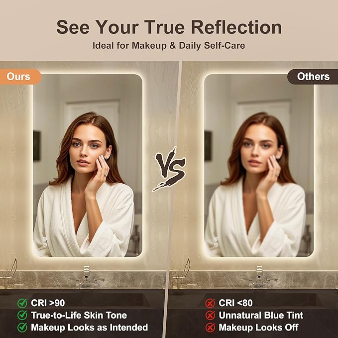 60''x36'' Lighted Mirrors for Bathroom Wall Backlit Rectangular Rounded Corners, LED Bathroom Mirror Frameless with Lights Anti Fog, Dimmable, 3 Colors,Tempered Glass, Shatter-Prooff (Color 2)