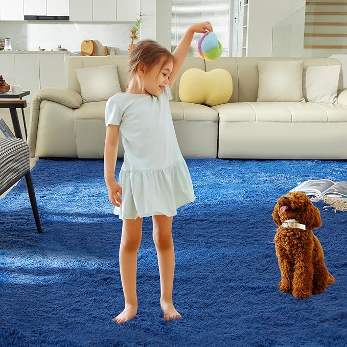 Ultra Soft Rug for Living Room, 8X10 Fluffy Shag Area Rug for Bedroom, Modern Shaggy Carpets Fuzzy Rug for Teens Dorm Nursery Home Decor Aesthetic, Upgrade Anti-Skid Durable, Blue