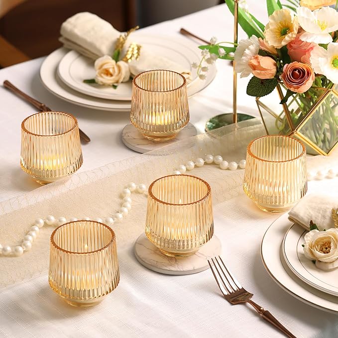 12 Pcs Large Gold Votive Candle Holders- 3.15"×3.15" Ribbed Gold Votives, Gold Tea Lights Candle Holders Votive Holders for Wedding Table Decor, Gold Glass Candle Holders for Table Centerpieces