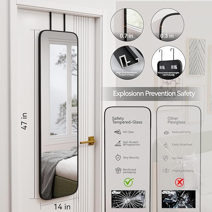 47x14 Mirror Rectangle Full Body Length Door Hanging Wall Mounted Metal Frame Dressing Make-up Mirrors for Entryway Bedroom Bathroom Living Room 47 14 inch Black