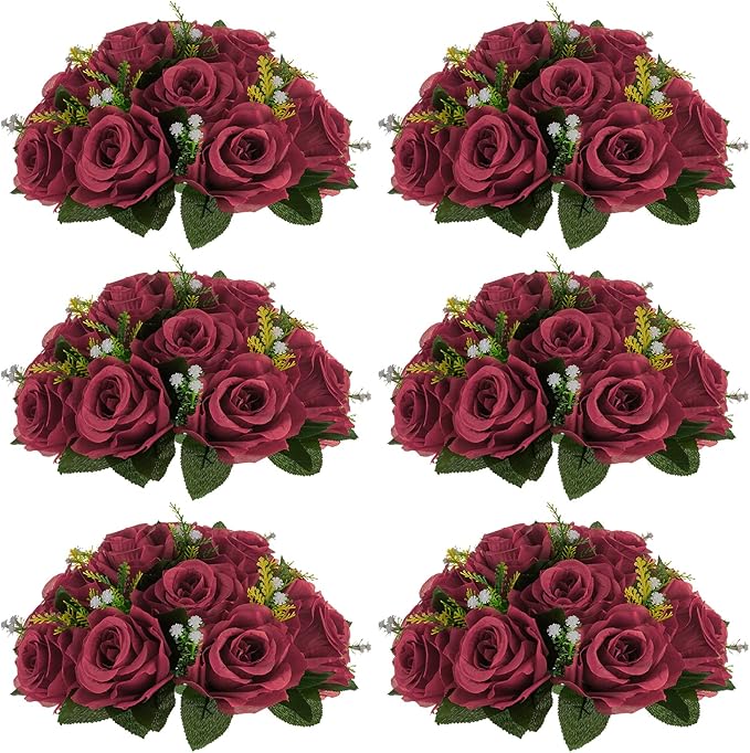 NUPTIO Flower Ball Arrangement Bouquet - 6 Pcs 9.5 inch Diameter Burgundy Fake Flowers Roses Balls for Centerpieces Tables - Artificial Rose Arrangements for Wedding Centerpiece Table Decorations