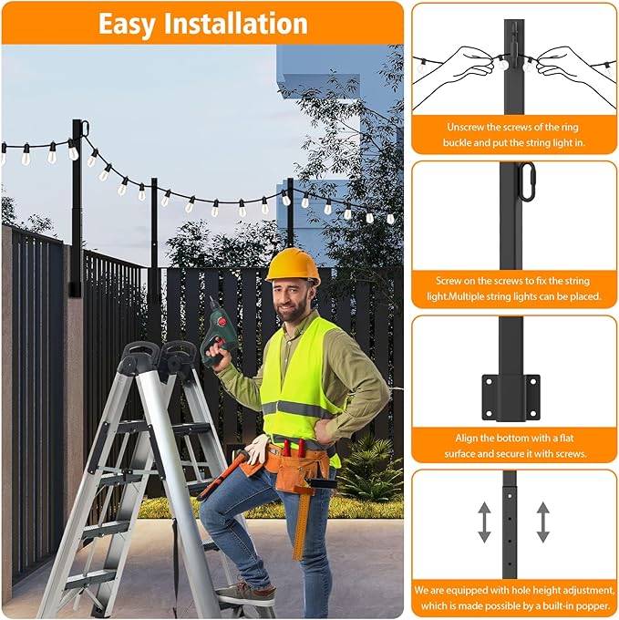 8 Pack 2.8Ft Suspension Outdoor String Light Poles for Outside String Lights Hanging,with Clip and Holder,Light Post Mounting Stand for Patio Fence Wall Garden Backyard Deck