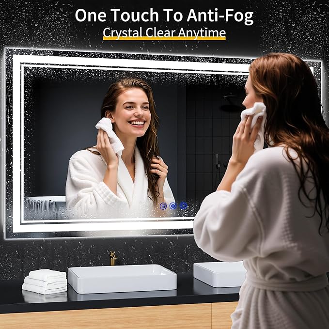 60"x36" LED Bathroom Mirror with Anti-Fog, Stepless Dimmable Lights, 3 Color Modes, Shatter-Proof Tempered Glass, Memory Function & Waterproof Design