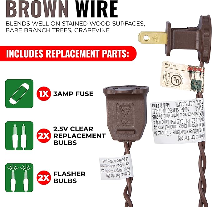 612 Vermont 100 Clear Mini Christmas String Lights on Brown Wire Cord, UL Approved for Indoor/Outdoor Use, 18 Foot of Lighted Length, 20 Foot of Total Length