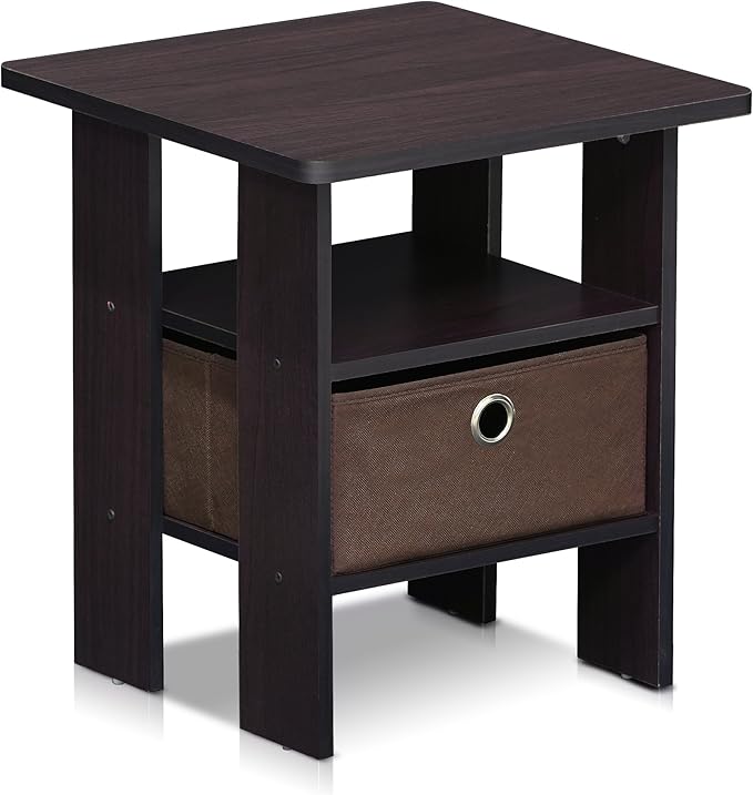 Furinno ANDREY Side Table, End Table, Night Stand with Open Shelves and Storage Bin, Bedside Table, for Living Room, Bedroom, Dark Walnut