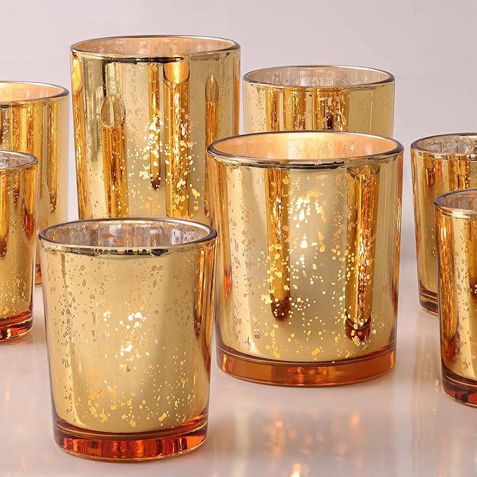 Volens 12pcs Assorted Gold Votive Candle Holders, Large Speckles Mercury Glass Votive & Tealight Candle Holder Bulk for Wedding Table Centerpiece, Gold Themed Party Decorations and Home Decor