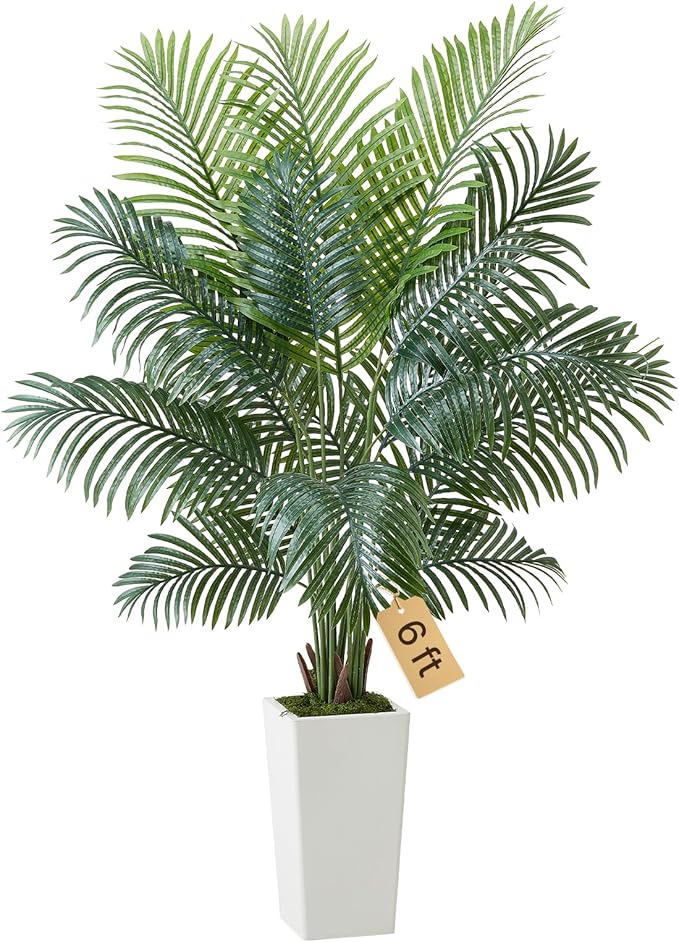 VEVOR Artificial Areca Palm Tree 6 ft, Fake Palm Tropical Plants with White Tall Planter, Faux Floor Silk Plant in Pot, Large Trees for Home Office Living Room Decor House Warming, Indoor Outdoor
