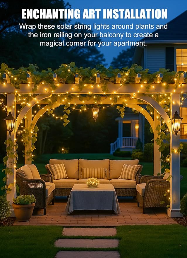 Minetom Solar String Lights, 2 Packs Total 66Ft 200 LED Solar Fairy Lights, Waterproof Solar Lights for Outside Patio Yard Tree Wedding Christmas, Warm White