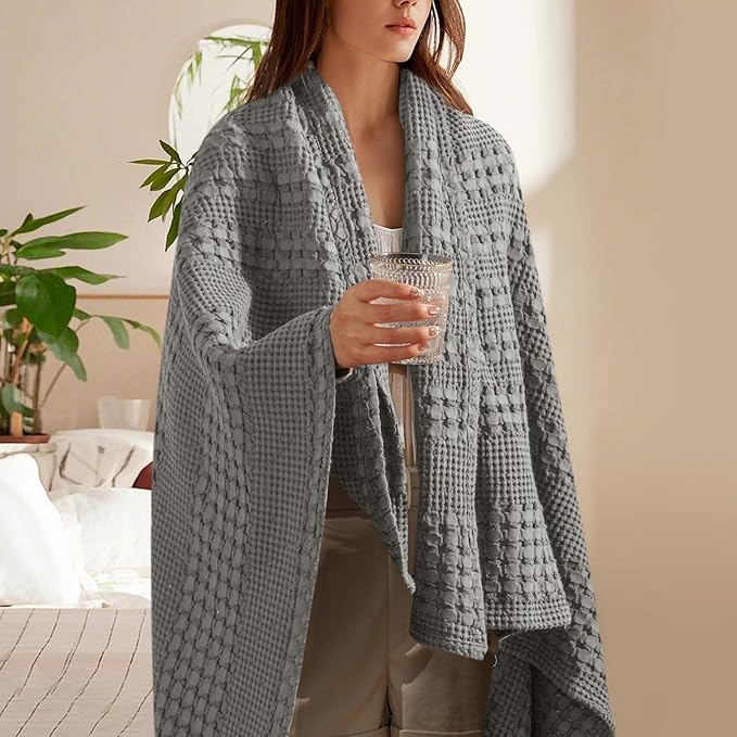PHF 100% Cotton Waffle Weave Throw Blanket, Soft Lightweight Breathable Cozy Throws for Couch Bed Sofa, Luxury Aesthetic Woven Blanket for Home Decor & Office, 50"x60", Dark Grey