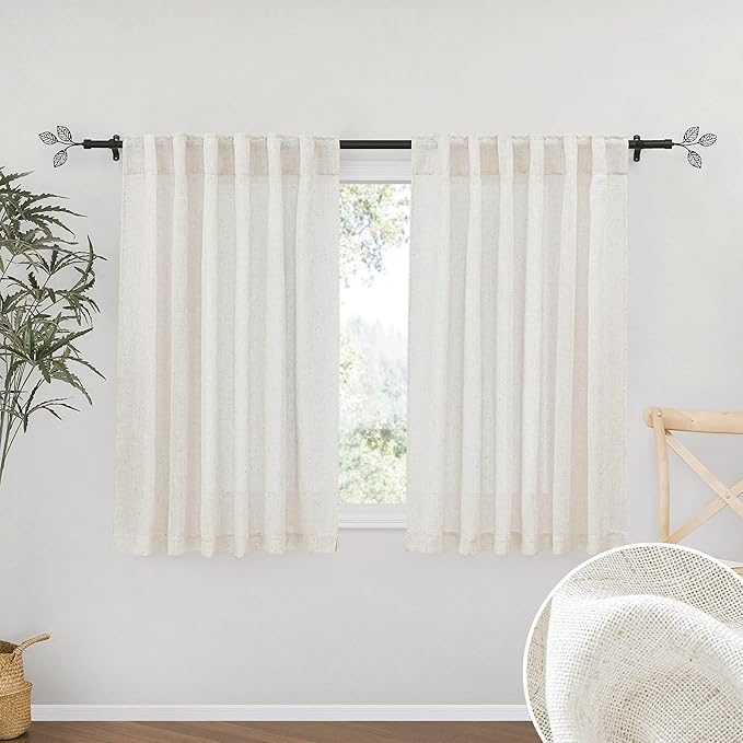 RYB HOME Linen Sheer Curtains - Faux Linen Semi Transparent Window Drapes Privacy UV Protection Short Curtains for Living Room, Home Office, Car, Kitchen, 52 Wide by 36 Long inches, 2 Pcs