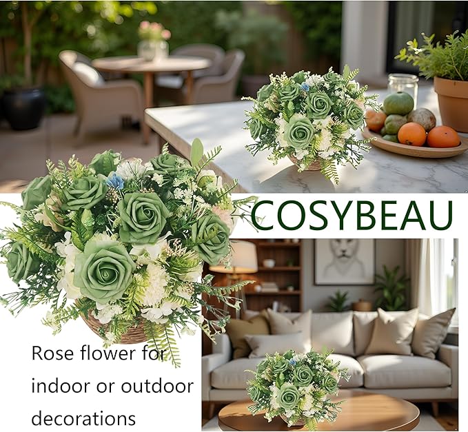 Artificial Rose Flowers 25pcs, Military Green Foam Fake Rose Faux Flower for Wedding Bouquets Bridal Shower Centerpieces Floral Arrangements Home Decorations Party Backdrops Table