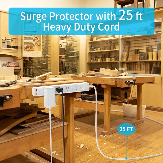 25ft Extension Cord Power Strip, 6 Outlets Surge Protector with 2 USB Ports, 15 A Circuit Breaker, Widely Spaced Outlet, Long Power Strip with Flat Plug Wall Mount for Home Office, Old House