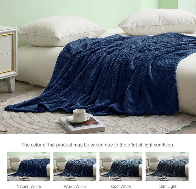 Exclusivo Mezcla Fleece Queen Size Blanket for Bed, 90x90 Inches Soft Cozy Jacquard Flannel Blankets, Lightweight Fuzzy Plush Warm for Winter, Navy Blue