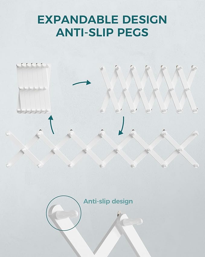 OROPY Wood Accordion Wall Hanger, Expandable Coat Rack Wall Mount with 20 Pegs, Expanding Hat Rack for Wall White