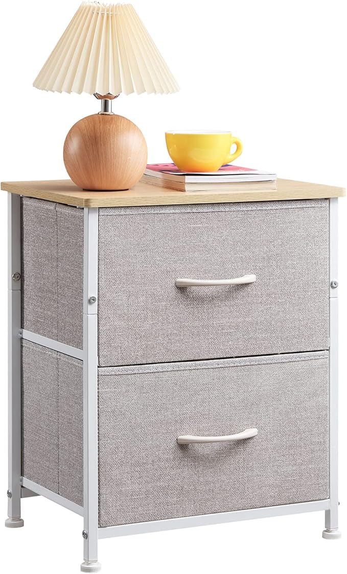 Somdot Nightstand Set of 2, Small Dresser for Bedroom with 2 Drawers, Bedside Table Night Stand End Table with Fabric Bins for Bedroom Kids Closet Dorm Guest Room, Ash Grey