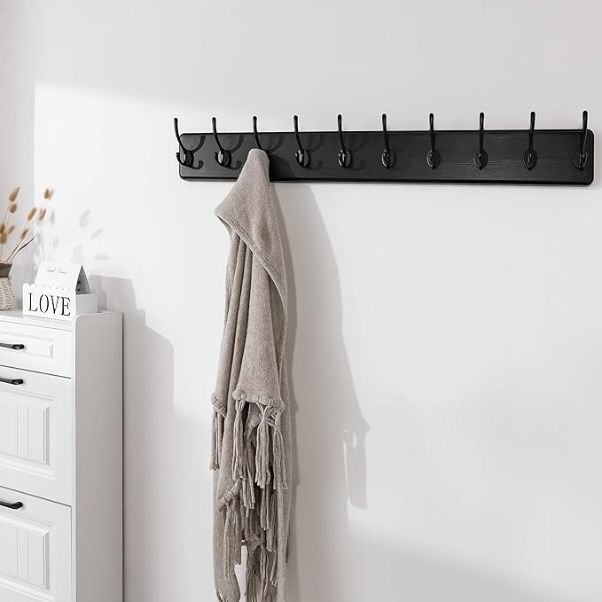 SKOLOO Large Black Wall Mounted Coat Rack - 38.6'' Long Coat Rack for Wall, Pine Solid Wood Coat Hook Hanger - 10 Hooks for Hanging Clothes Backpack Coats