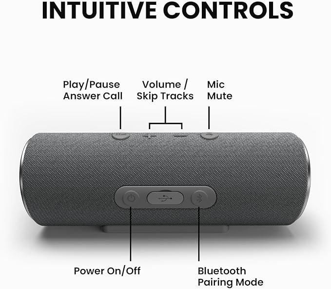 Cleer Scene Wireless Bluetooth Speaker, Simple Fast Pairing, Waterproof IPX7, 12Hrs Play time, Deep Bass, Built-in Mic, Powerful Portable Speakers, for Outdoor & Party, Home, Grey