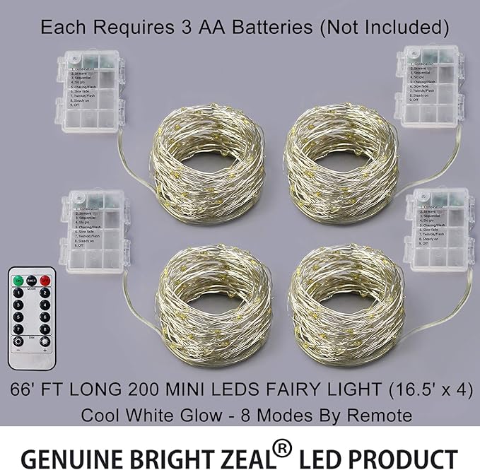 Bright Zeal 66 Ft 200 LED 8 Mode Christmas String Lights Cool White - Outdoor Battery LED String Decorations with Timer - Waterproof Fairy Lights Battery Operated - Indoor Christmas Tree Decor