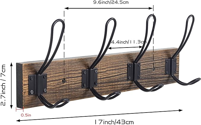 Rustic Wall Mounted Coat Hook with 4 Farmhouse Hooks - Solid Pine Wood Towel and Coat Rack for Bathroom, Entryway, Kitchen - Brown
