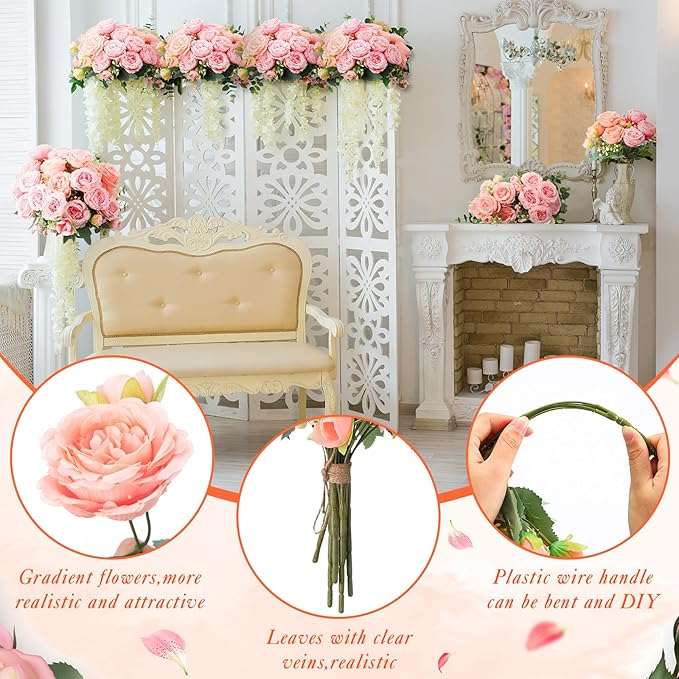 Geosar 8 Bundles Artificial Peonies Flowers Fake Silk Peony Bouquet Faux Peonies Flowers Bulk for Decoration Vase Floral Arrangements Wedding Party Table (Peach Pink,Light Pink)