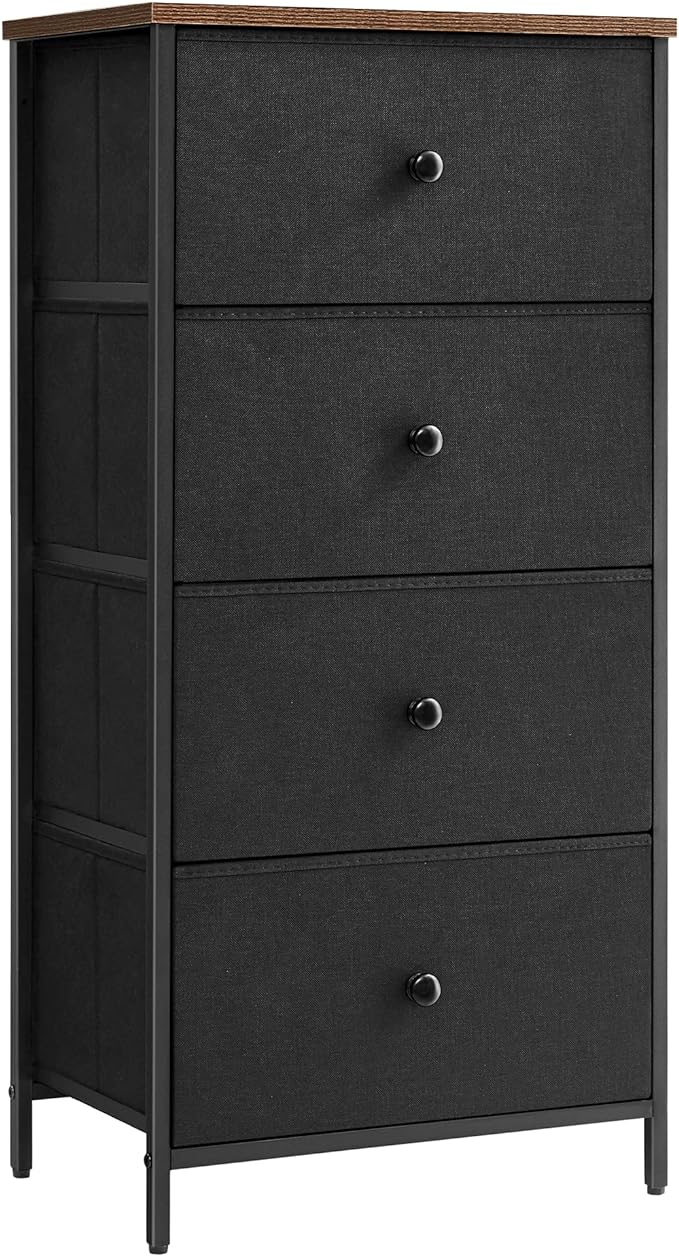 SONGMICS Dresser for Bedroom, Fabric Dresser with 4 Drawers, Metal Frame, Small Chest of Drawers, Black and Rustic Brown ULTS314B01
