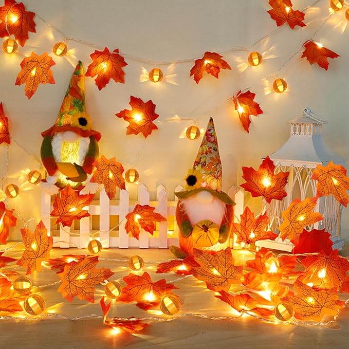 3 Pack Thanksgiving Decorations Fall Garland with Pumpkin Lights & Enlarged Maple Fall String Lights Pumpkin Decor, 30Ft 60LED Waterproof Battery Operated Christmas Fall Thanksgiving Decor for Home