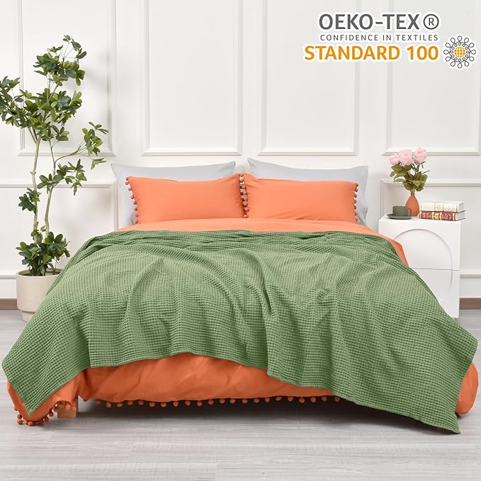 PHF 100% Cotton Waffle Weave Blanket King Size for Bed,Snag Proof Lightweight Breathable Moisture-Wicking Throw for Couch,Great for Layering in Cold Weather,Machine Washable,Home Decor-Loden Green