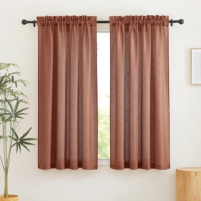RYB HOME Natural Linen Curtains 72 inch Length, Thick Heavy Textured Breathable Privacy Assured Wrinkle Resistance Boho for Dining Room Laundry Room, W 52 x L 72 inches, Terracotta, 2 Panels
