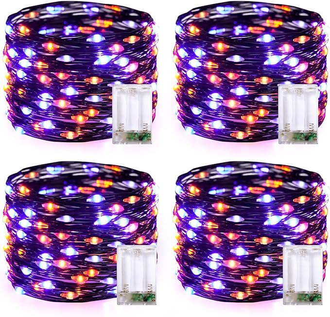 JMEXSUSS 4 Pack 50 LED Fairy Lights Battery Operated: Orange and Purple Halloween Lights - Perfect for Halloween Decorations, Parties, and Home Decorations