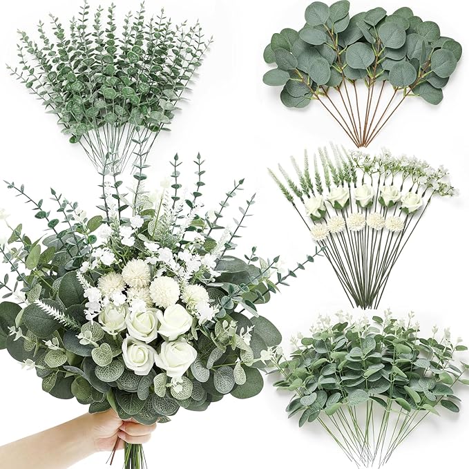 Serwalin 100 Pcs 7 Kinds Mixed Artificial Eucalyptus Leaves Stems Bulk with Flowers Faux Silver Dollar Eucalyptus Stmes Greenery Branches for Wedding Floral Arrangement Centerpieces Home Decor