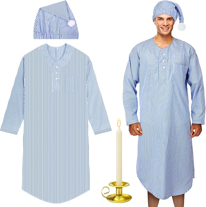 Toulite 4 Pcs Men's Pajama Set Includes Men's Nightshirt Night Sleeping Cap Candle Holder and Candle for Halloween Christmas(X-Large)