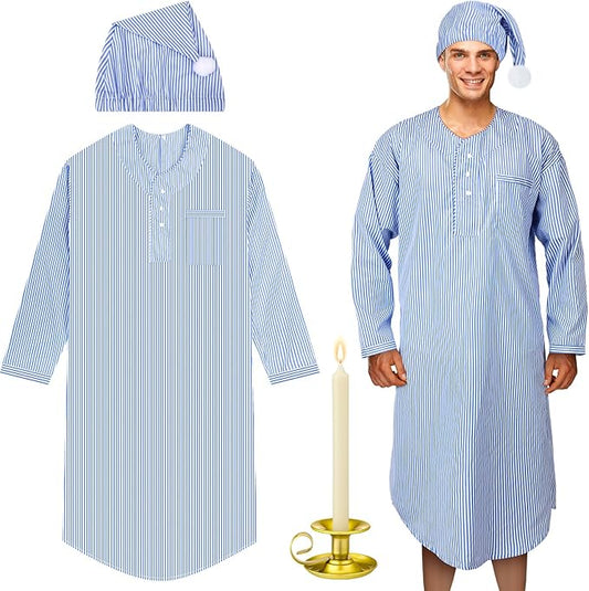 Toulite 4 Pcs Men's Pajama Set Includes Men's Nightshirt Night Sleeping Cap Candle Holder and Candle for Halloween Christmas(X-Large)