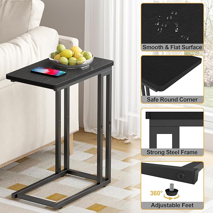 Yusong C Shaped End Table - Slide Under Sofa Couch Bed, Small Table for Small Spaces, Skinny Overbed, Coffee Drink Snack Table for Living Room, Black Oak