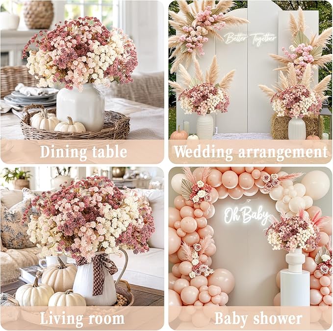 Baby Breath Flowers Fall Flowers Artificial Bulk, 30Pcs Fall Decor Fake Gypsophila Plants Bouquets Flowers Real Touch Faux Babies Breath Arrangement for Home Autumn Wedding Party Vase Decoration Pink
