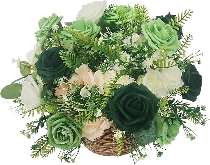 Artificial Fake Flowers 25pcs Roses, Shade of Green Foam Rose Faux Flower for DIY Wedding Bouquets Bridal Shower Centerpieces Floral Arrangements Party Tables Home Decorations